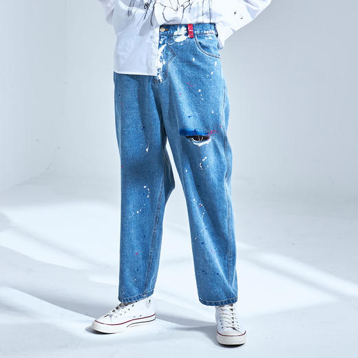 EAFINETAL.20AW春秋泼墨做割裂旧设计破洞牛仔裤宽松休闲直筒长裤 商品图2