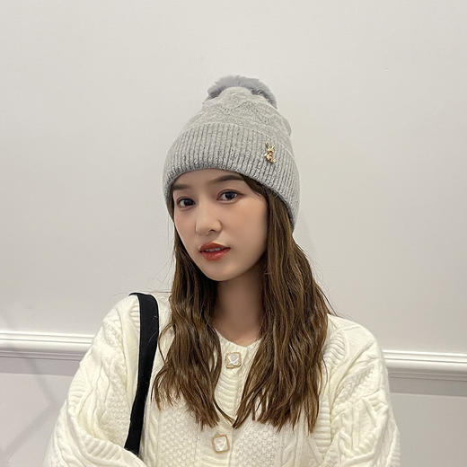 兔毛帽子女秋冬季毛绒可爱韩版百搭针织帽保暖护耳纯色拼色毛线帽 商品图1