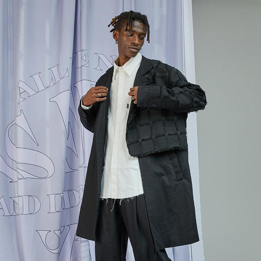 RELABEL 20AW 宋祖儿同款黑色毛边贴布不对称拼贴长款西服大衣 商品图2