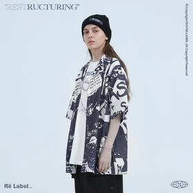 RELABEL 2020SS黑白满印潮牌古巴领短袖衬衣男夏季宽松夏威夷短袖