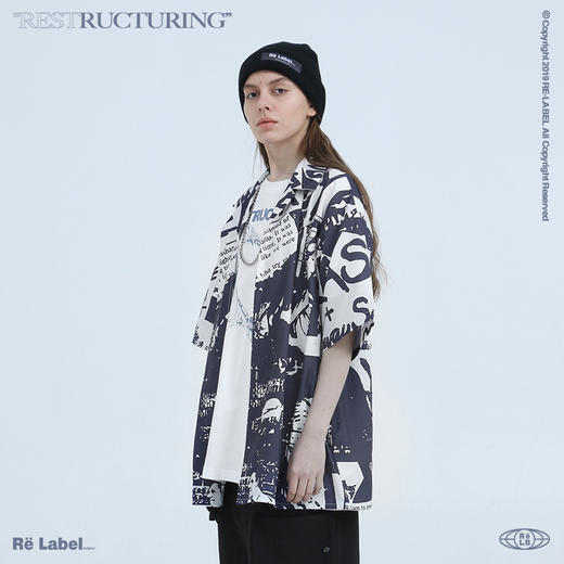 RELABEL 2020SS黑白满印潮牌古巴领短袖衬衣男夏季宽松夏威夷短袖 商品图0