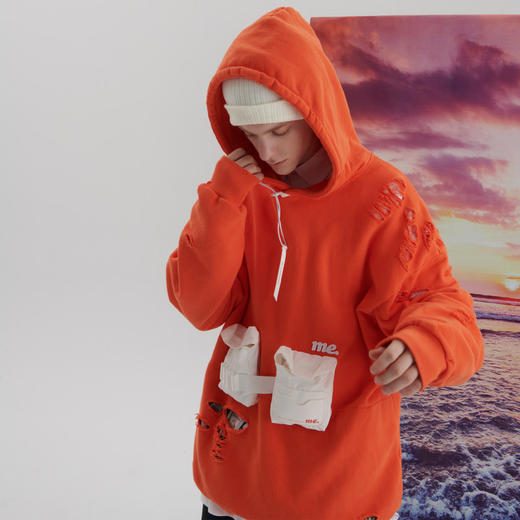 EAFINETAL.21AW新款破坏水洗破洞做旧效果贴袋刺绣宽松连帽卫衣 商品图2