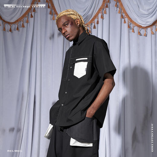 RELABEL 21SS 黑色双层结构撞色白口袋短袖宽松衬衣 商品图1