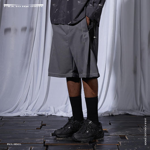 RELABEL 21SS黑灰撞色拼接双抽绳重工明线宽松西装短裤 商品图2