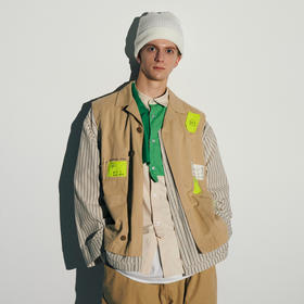 EAFINETAL.21AW新款荧光标签马甲假两件设计复古条纹夹克休闲外套