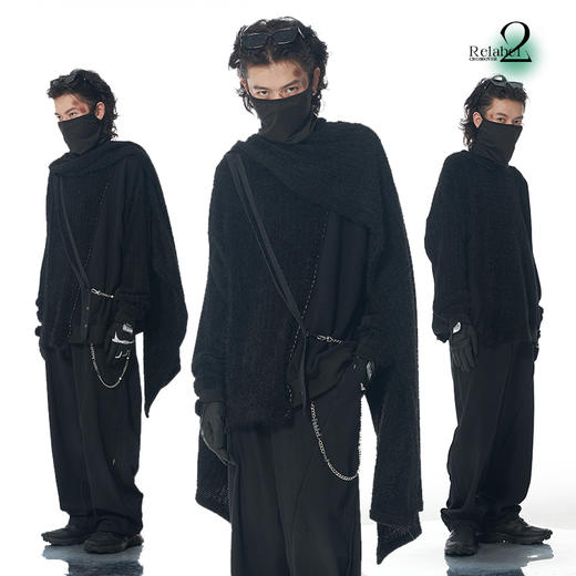 RELABEL 21AW 手工明线定织黑色毛料异材质拼接宽松圆领卫衣 商品图0