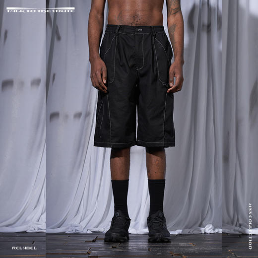RELABEL 21SS黑色弧形交错立体重工明线宽松亲肤透气棉麻短西裤 商品图0