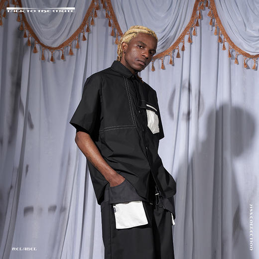 RELABEL 21SS 黑色双层结构撞色白口袋短袖宽松衬衣 商品图2