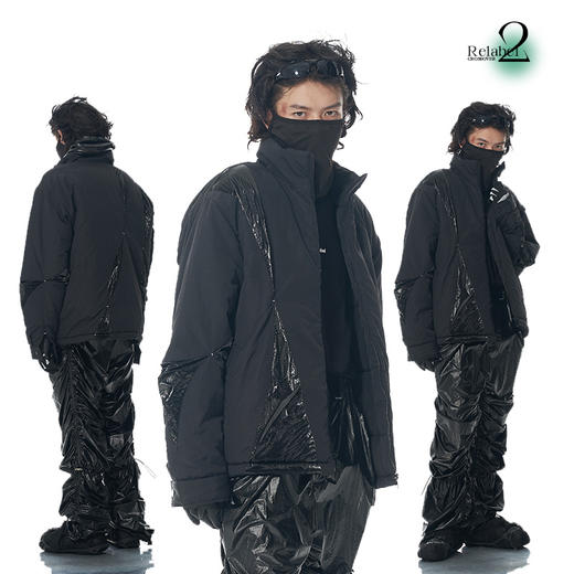 RELABEL 21AW 3M新雪丽认证黑色梭织拼接高密未来感明线打褶棉服 商品图0