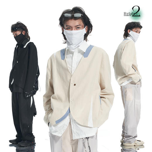 RELABEL 21AW结构切割异面料撞色拼接假两件宽松西服外套 商品图0