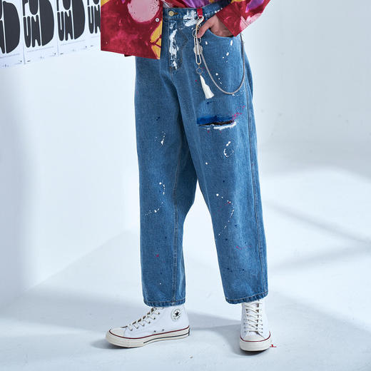 EAFINETAL.20AW春秋泼墨做割裂旧设计破洞牛仔裤宽松休闲直筒长裤 商品图3