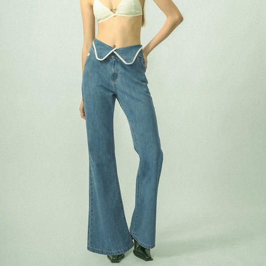 IFIK 90S Leather Binding Blue Flared Jeans复古美式翻边喇叭裤 商品图2