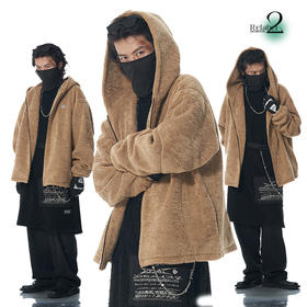 RELABEL 21AW 浅棕色羊羔绒品牌定制刺绣标交错走线宽松拉链外套