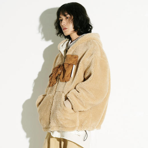 EAFINETAL.21AW新款趣味漫画图案绣花立体贴袋连帽开衫羊羔绒外套 商品图2