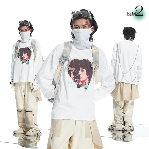 RELABEL 21AW联名relebel主题概念人兽撕裂拼接印花圆领长袖T恤 商品图0