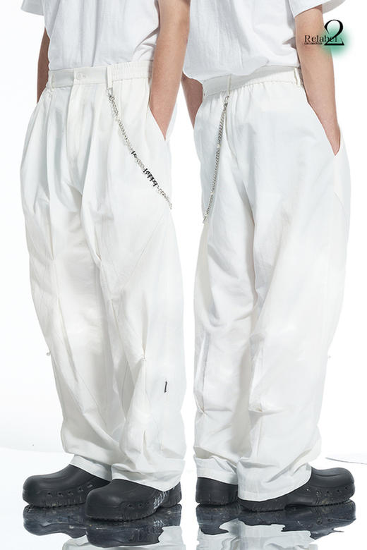 RELABEL 21AW白色梭织多打褶堆积褶皱撞色线宽松休闲长裤 商品图5