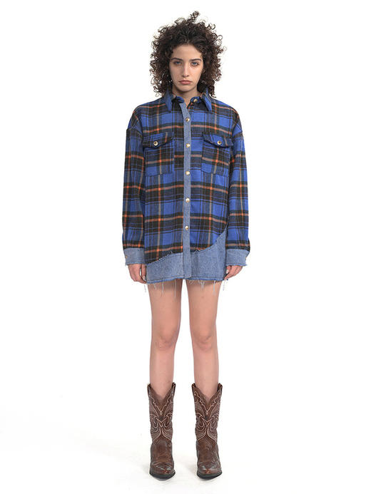 IFIK Plaid Shirt 摇滚校园 朋克也温柔格纹衬衫散边牛仔拼接外套 商品图1