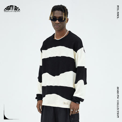 RELABEL 20AW 潮牌不规则弧线黑白撞色拼接毛衣 商品图0