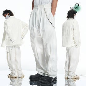 RELABEL 21AW白色梭织多打褶堆积褶皱撞色线宽松休闲长裤