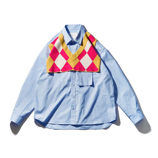 EAFINETAL.21AW新款格纹针织马甲拼接假两件设计复古宽松上衣衬衫 商品图4