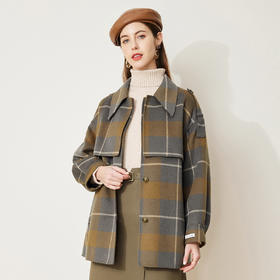 LH9H4斯尔丽2021新款秋冬瑟俪双面呢格子假两件式肩章羊毛大衣女