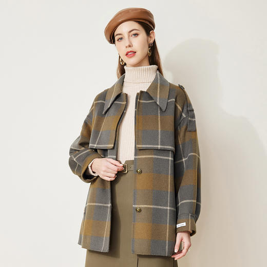 LH9H4斯尔丽2021新款秋冬瑟俪双面呢格子假两件式肩章羊毛大衣女 商品图0