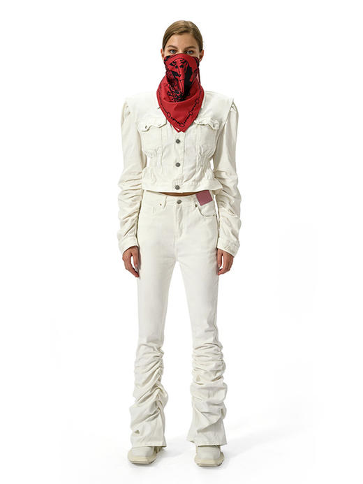 IFIK White Pleated Non-stretch Denim Jacket 垫肩褶皱牛仔夹克 商品图0