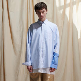 EAFINETAL.2021SS新款刺绣分割拼接袖休闲宽松牛津纺蓝色条纹衬衫