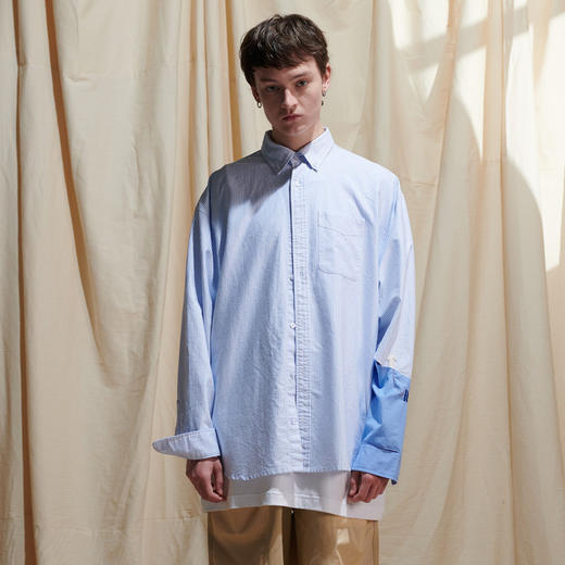 EAFINETAL.2021SS新款刺绣分割拼接袖休闲宽松牛津纺蓝色条纹衬衫 商品图0