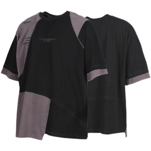RELABEL 21SS 黑灰多结构拼接分片异形下摆主题字体印花宽松T恤 商品图4