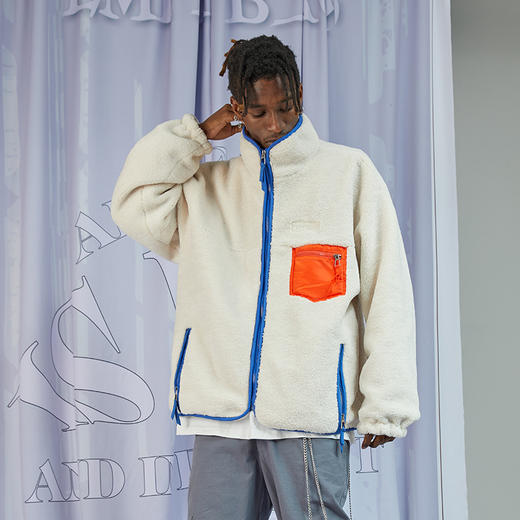 RELABEL 20AW 孙芮同款重磅柔顺羊羔绒橙蓝撞色硅胶标拉链外套 商品图2