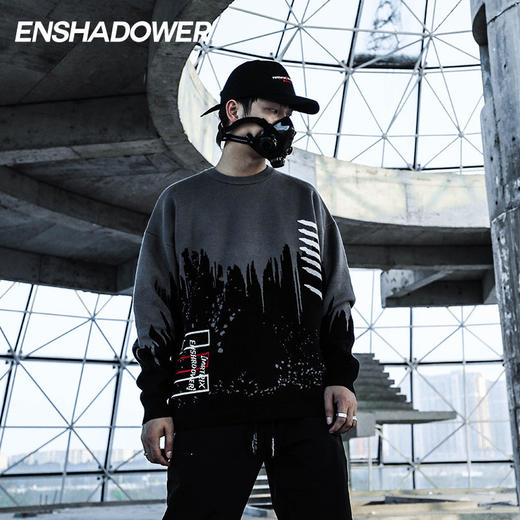 ENSHADOWER隐蔽者新款泼墨纹理毛衣男潮牌宽松圆领线衣字母针织衫 商品图0