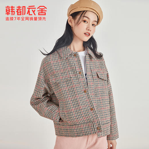 韩都衣舍冬装新款拼接格子气质短款毛呢外套女TK00818婏 商品图0
