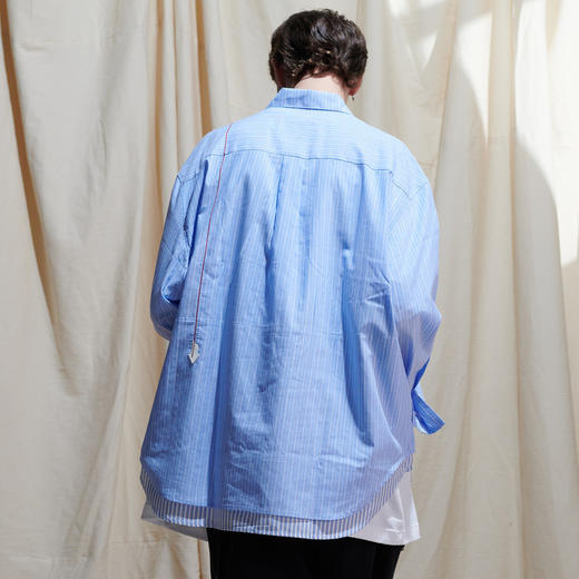 EAFINETAL.2021SS新款刺绣假两件拼接纯棉休闲宽蓝色松条纹衬衫 商品图3