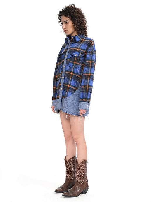 IFIK Plaid Shirt 摇滚校园 朋克也温柔格纹衬衫散边牛仔拼接外套 商品图2
