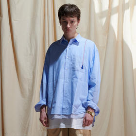 EAFINETAL.2021SS新款刺绣假两件拼接纯棉休闲宽蓝色松条纹衬衫