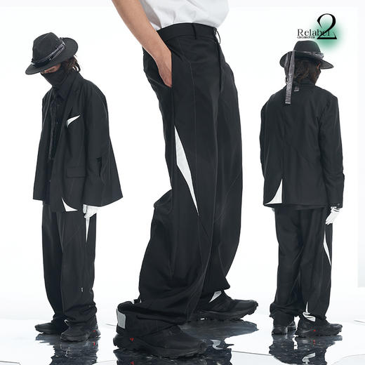 RELABEL 21AW几何切割黑白撞色拼接宽松休闲西裤 商品图0