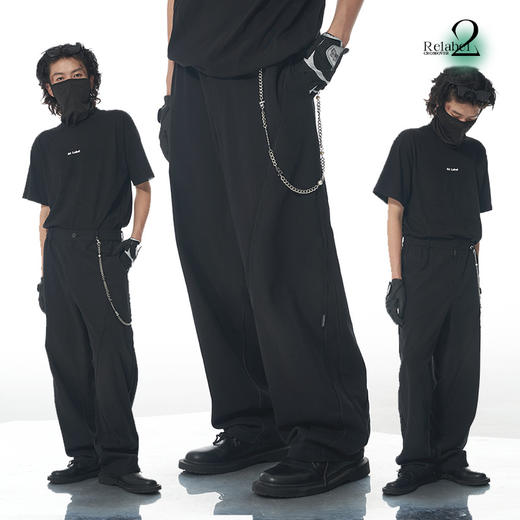 RELABEL 21AW 深灰撞色走线切割打褶黑色宽松休闲裤 商品图0