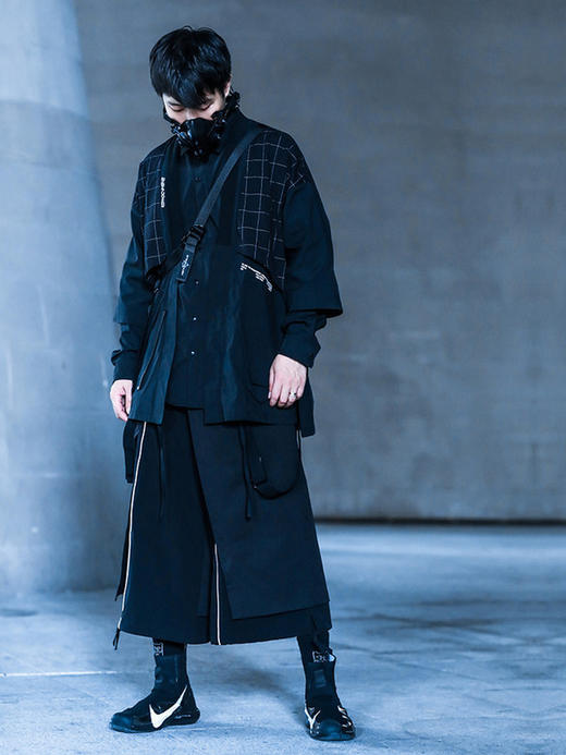 ENSHADOWER隐蔽者秋季格子拼接道袍外套男黑色七分袖国风潮牌夹克 商品图1