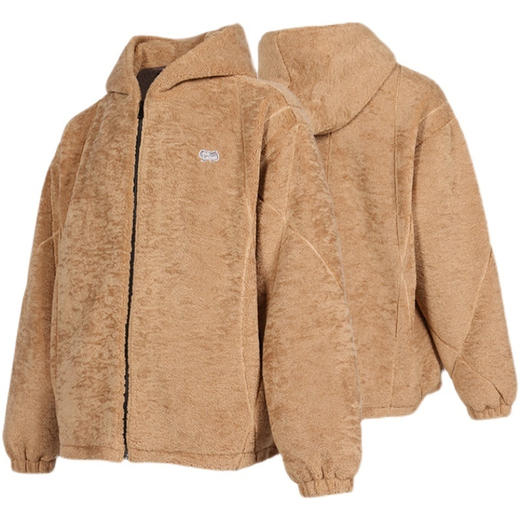 RELABEL 21AW 浅棕色羊羔绒品牌定制刺绣标交错走线宽松拉链外套 商品图4