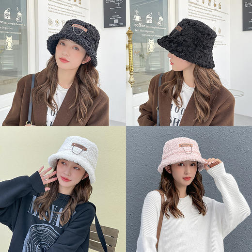 帽子女秋冬新款皮标链条羊羔毛渔夫帽韩版百搭加厚保暖毛绒盆帽潮 商品图2