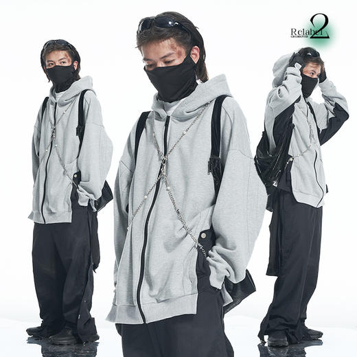 RELABEL 21AW异材质梭织拼接黑灰撞色oversize宽松卫衣外套 商品图0