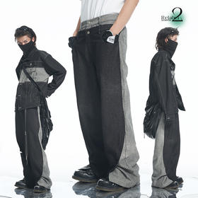 RELABEL 21AW解构重组正反面黑灰撞色拼接脚口开叉宽松重工牛仔裤