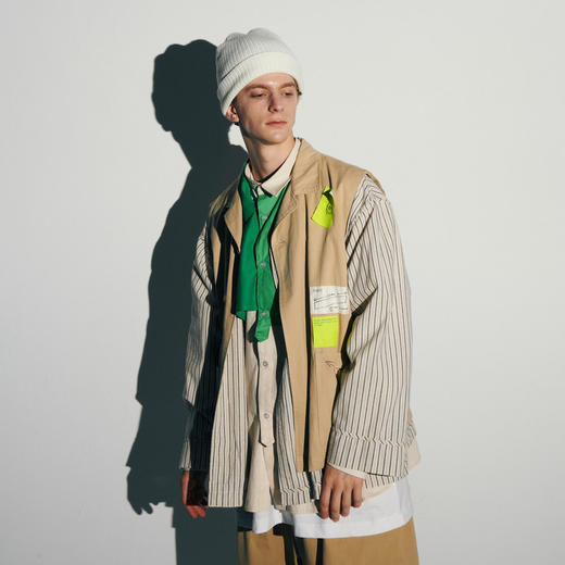 EAFINETAL.21AW新款荧光标签马甲假两件设计复古条纹夹克休闲外套 商品图1