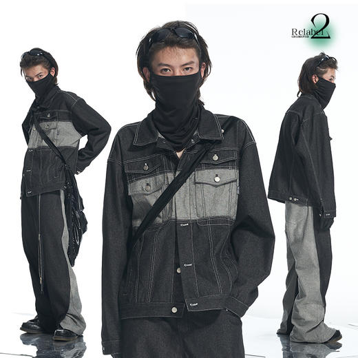 RELABEL 21AW解构重组正反面黑灰撞色拼接多口袋宽松重工牛仔服 商品图0