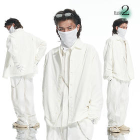 RELABEL 21AW弧形切割破口镂空明线结构拼接透明纱宽松外套