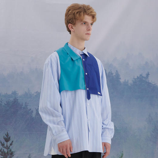 EAFINETAL.21AW新款门襟拼接撞色刺绣设计复古条纹纯棉休闲衬衫 商品图3