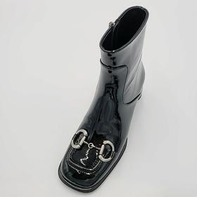 LFGJ 13701新品方头小跟舒适百搭漆皮马鞍口小短靴