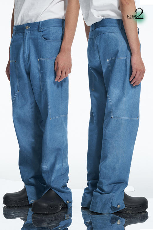 RELABEL 21AW 金属铆钉撞色走线双重可开合脚口深蓝色修身牛仔裤 商品图5