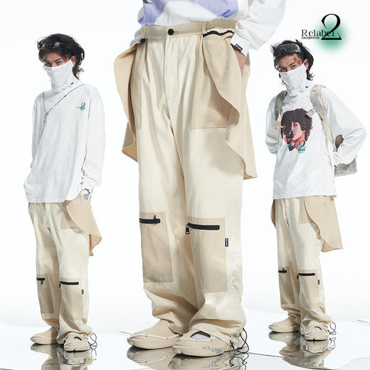 RELABEL 21AW深浅卡其色拼接多拉链调节可拆卸后片宽松休闲裤 商品图0